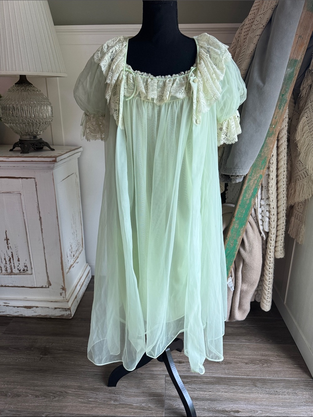 vintage sheer peignoir nightgown and over robe with short puff sleeves.